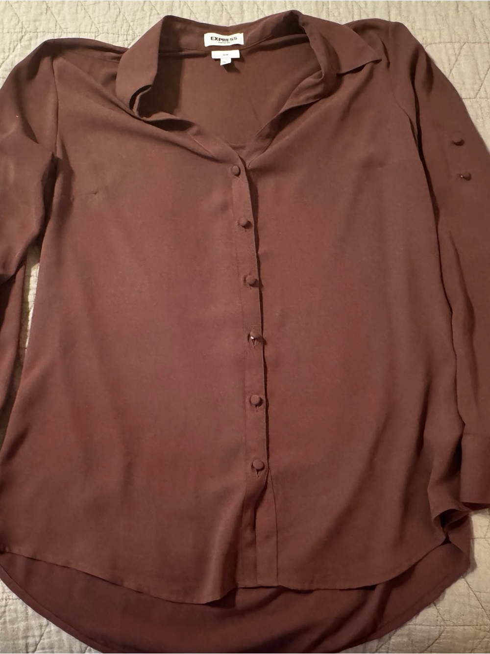 Express Taupe Long-Sleeve Button-Down Blouse